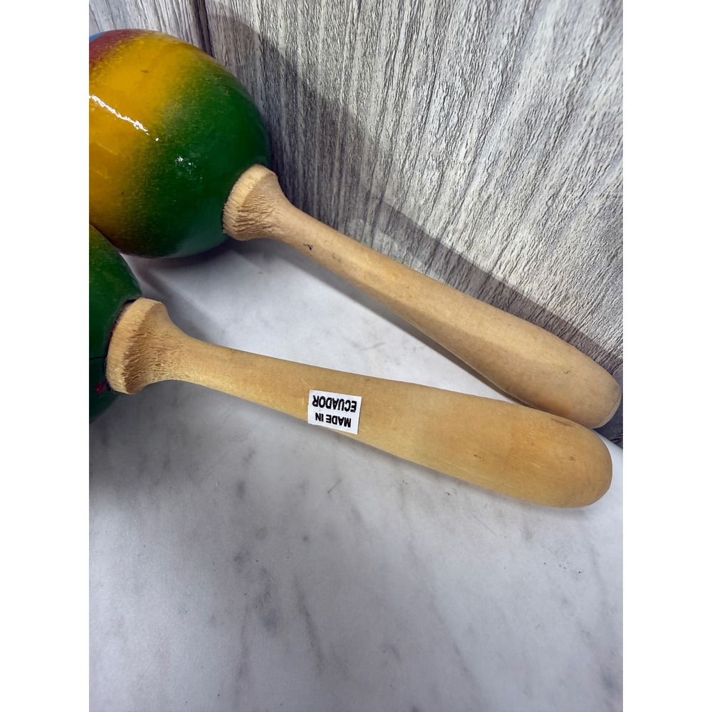 Vintage Hand Painted Wooden Maracas Pair Ecuador Flamingo Tropical Multi Color - Picture 4 of 5